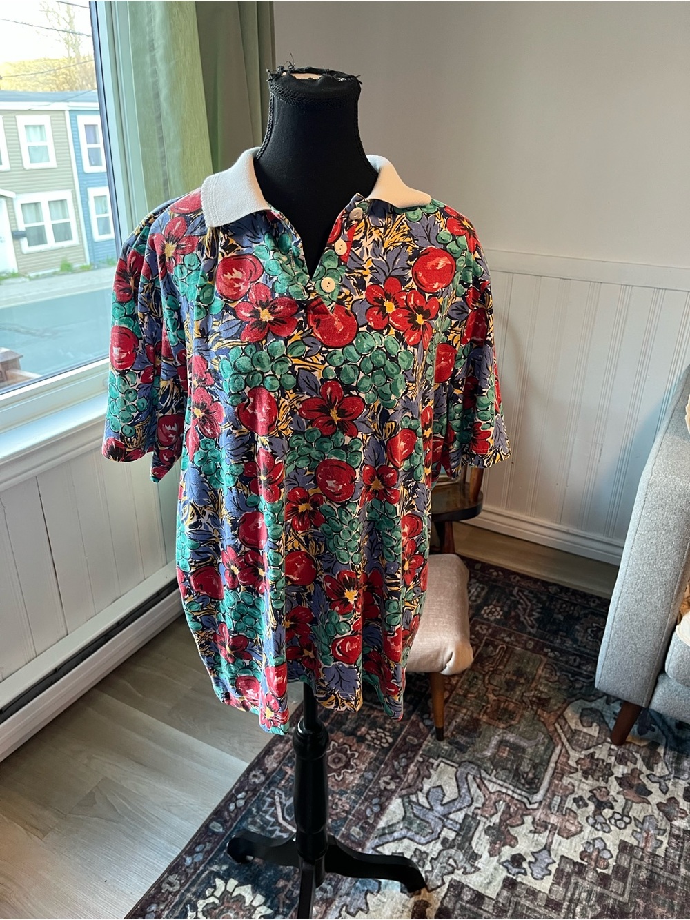 Women’s vintage nannycore cottagecore floral fruit 🍎 polo shirt top size XL